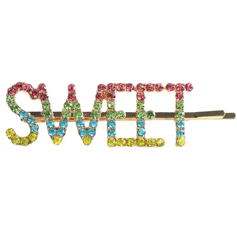5Pcs Korean Colorful Glitter Rhinestone Hairpin Womens Sweet Sexy Letters Geometric Hair Clip Side Bangs Alloy Styling Barrettes
