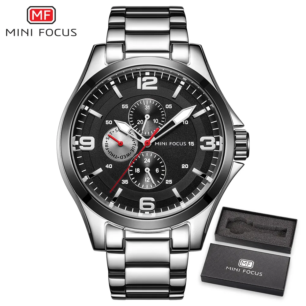 Черный MINIFOCUS, мужские часы, Лидирующий бренд, деловые мужские часы, многофункциональные кварцевые часы, мужские водонепроницаемые часы из нержавеющей стали - Цвет: Черный