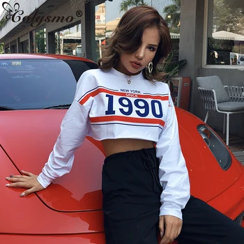 

Colysmo Letter Print T Shirt O Neck Long Sleeve Pullovers Women Casual Summer Tshirt Crop Top White Tops Clothes Club Party Tee