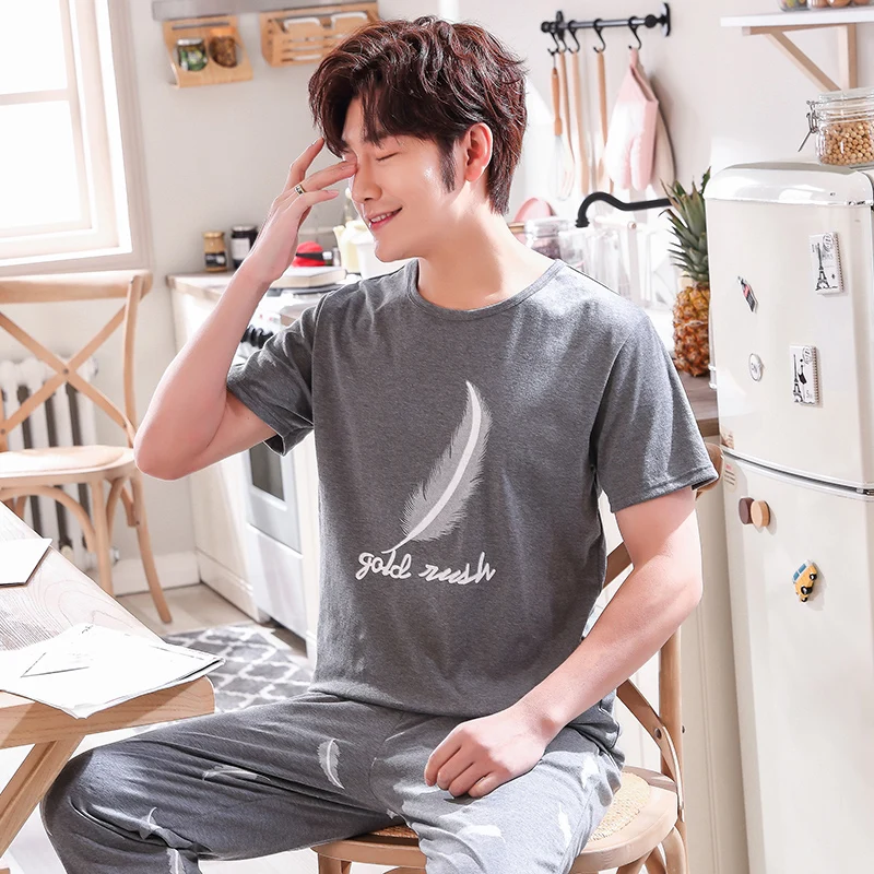 

New Knitted Cotton Men Pajamas Set Summer Pijama Hombre Long Sleeve Round Neck Plus Size L-4XL Male Sleepwear Suit Man Clothes