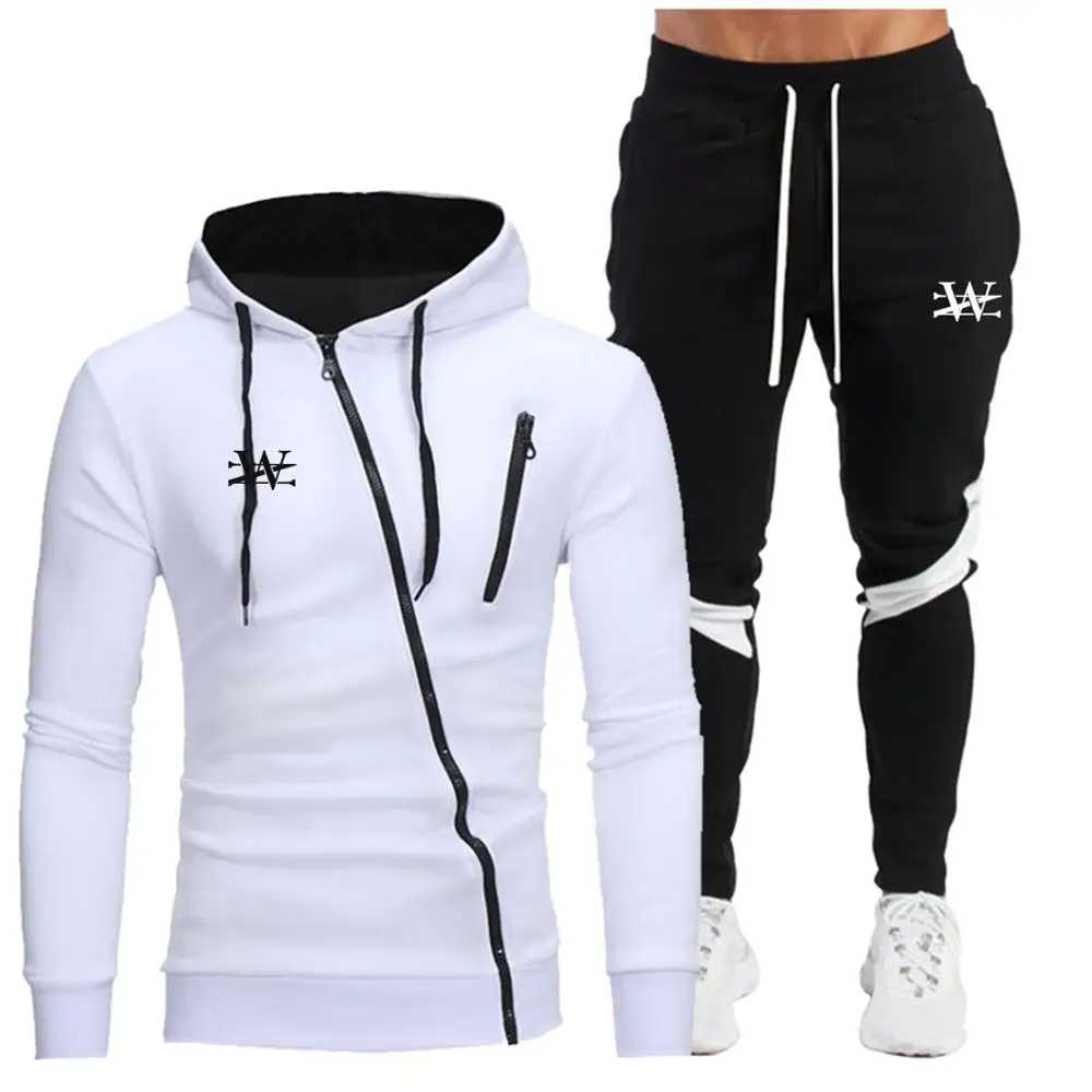 

New Men's Casual High Quality Diagonal Zipper Hoodie + Stitching Fleece Pants Suit Drawstring Hip Hop Brand Print Sweatshirt