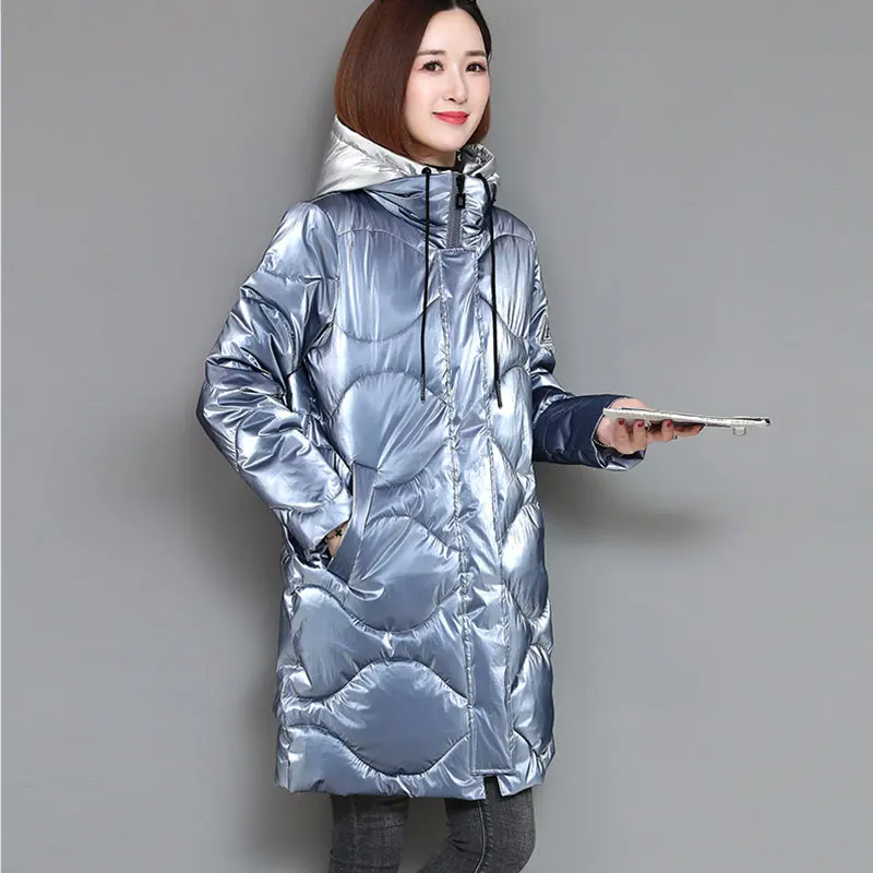 Light blue Зимний пуховик для женщин, большой размер, повседневная куртка с капюшоном, Женская парка, пальто с длинным рукавом, длинное толстое теплое зимнее пальто для женщин 605 - Цвет: Light blue
