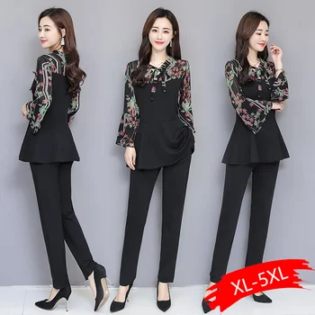 

Black Elegant Printed Two Piece Sets Women Flare Sleeve Tunic Tops And Pants Suits Sets OL Style Casual Women's Sets Costumes