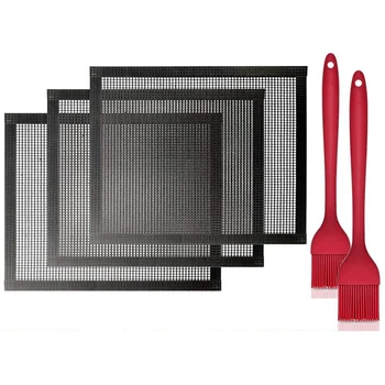 

3 Barbeque Grill Mat with 2 Basting Brush Silicone,Reusable Non Stick Cooking BBQ Grill Mesh Mats Grilling Mats