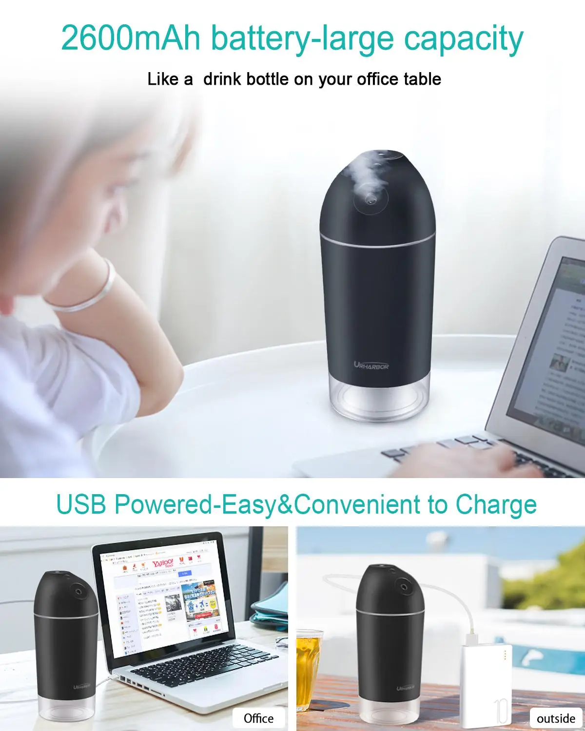 URHARBOR 500ml Humidifier Essential Oil Diffuser Ultrasonic Mist Maker car air freshener home improvement USB Charge 2 Nozzles