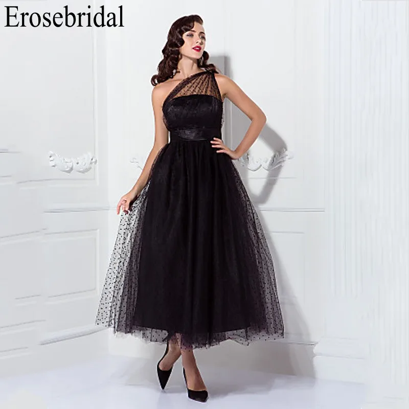 Женское длинное вечернее платье Erosebridal Черное официальное на одно плечо с