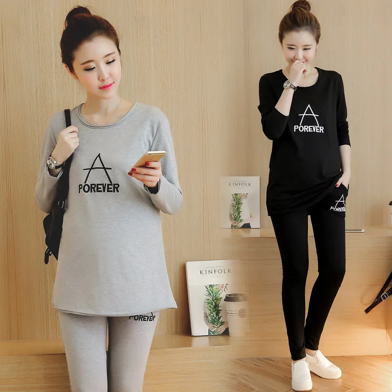 

Maternity Clothes Spring And Autumn Set Cotton Blend Tops Abdominal Support Maternity Pants Casual Two-Piece Set-Style Nursing S