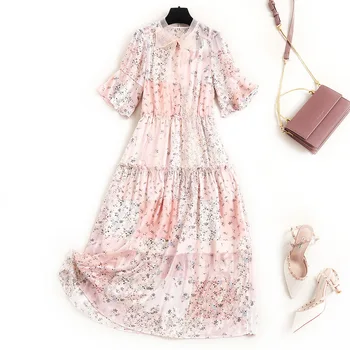 

Women floral print cute pink dress summer 2020 new elastic waist organza bow collar flare sleeve a-line ruffles dresses