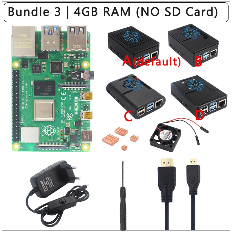 Raspberry Pi 4 Модель B комплект+ ABS чехол+ блок питания+ вентилятор+ радиатор+ HDMI дополнительно 64 32 Гб sd-карта и ридер для Pi 4 - Комплект: Комплект 3