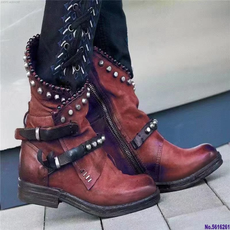 Vogue Retro Rivet Motorcycle Boots Women Leather Ankle Boots Nice Gothic Autumn Buckle Low Heel Short Boot Cowboy Shoes