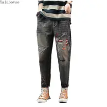 Джинсы с вышивкой, прямые осенние Ретро Винтажные свободные штаны большого размера с эластичной резинкой на талии, женские осенние штаны Z3
