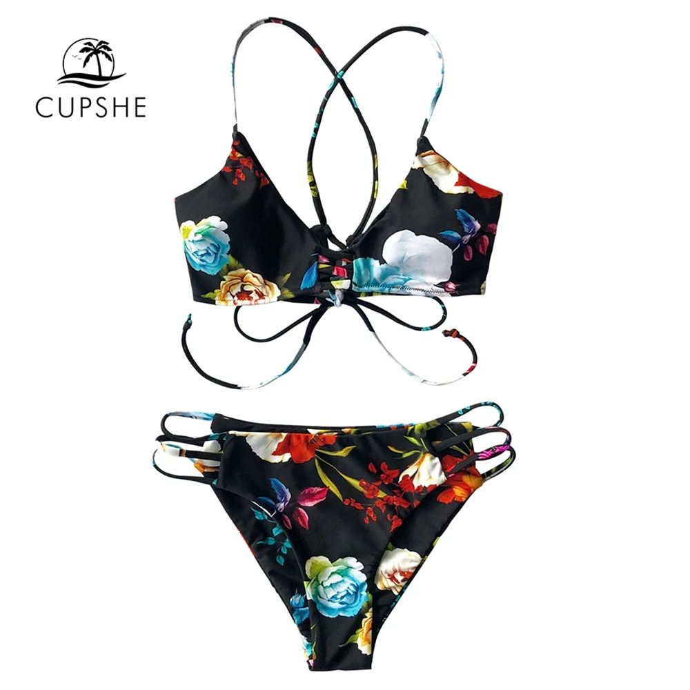 CUPSHE черный цветочный принт Strapp бикини наборы сексуальные на шнуровке купальник