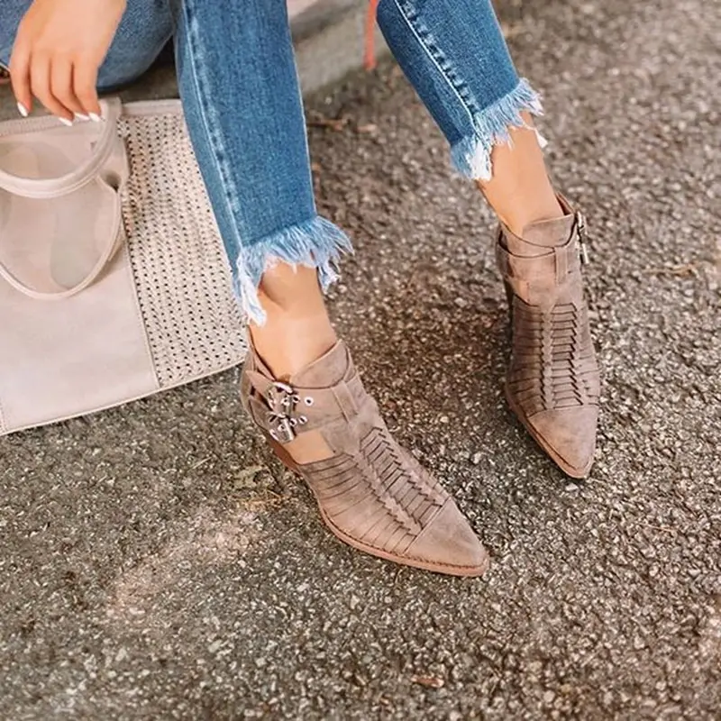 

Women Ankle Boots Pointed Toe PU Leather Low Heels Shoes Woman Booties Sexy High Heels Size Woman Botas Mujer Botte Femme