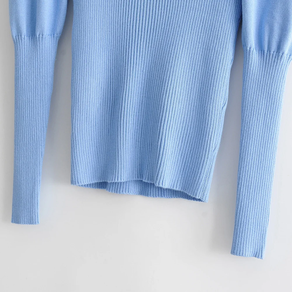 Стильный шикарный женский голубой мягкий тонкий свитер Za Модный женский Водолазка прилегающая трикотажная одежда Повседневный джемпер