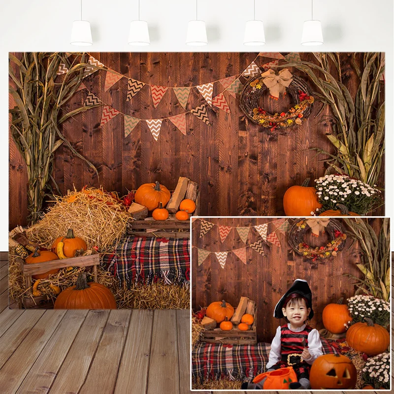 

Autumn Rural Farm Pumpkins Backdrop Wood Floor Haystack Corn Flowers Background Children Birthday Halloween Photography