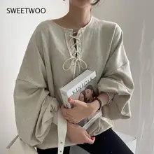 

Autumn Casual Lazy O Neck Lace Up Lantern Sleeve Hoodies Pullovers Top Solid Loose Long Sleeve Black Sweatshirt Oversized