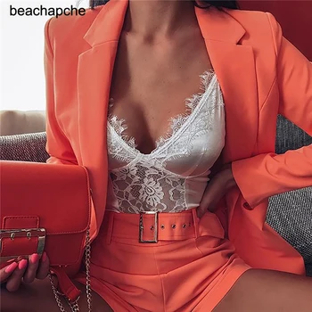 

Autumn High Waist Women Blazer and Shorts Set Long Sleeve Open Stitch Casual Two Piece Set Women Sashes Casual Women Set