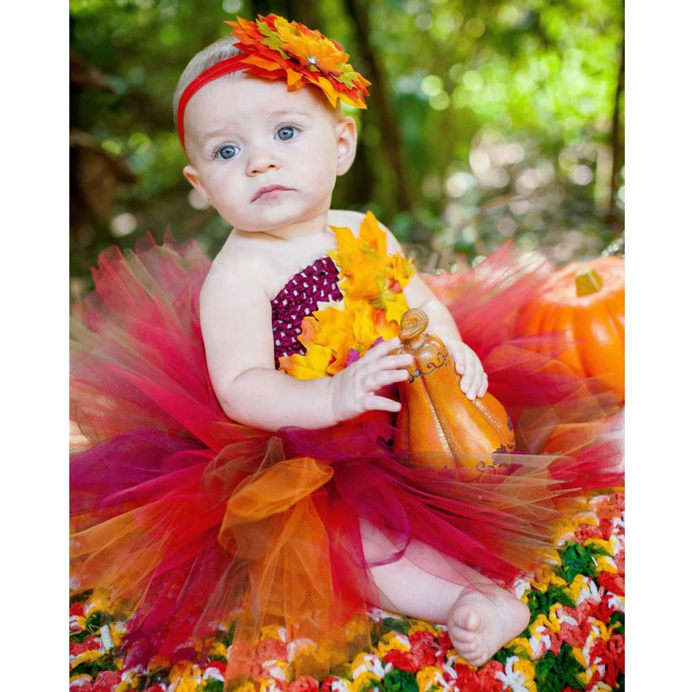 Fall Autumn Girl Tutu Dress Baby Toddler Brown Leaf Birthday Party Role Play Dress Up 1-10Y Kids Halloween Thanksgiving Costumes