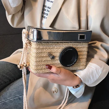 

2020 New Fashion Women's Straw Camera Bag Funny Chain Small Square Bag Western Style Woven Shoulder Messenger Bag