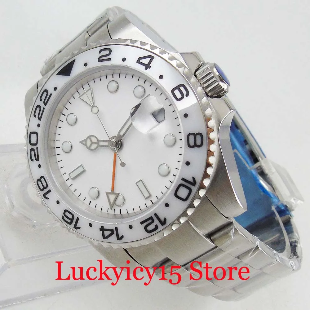 BLIGER 40mm White Sterile Dial Self Winding Men Watch GMT Function Date Window Ceramic Bezel Auto M