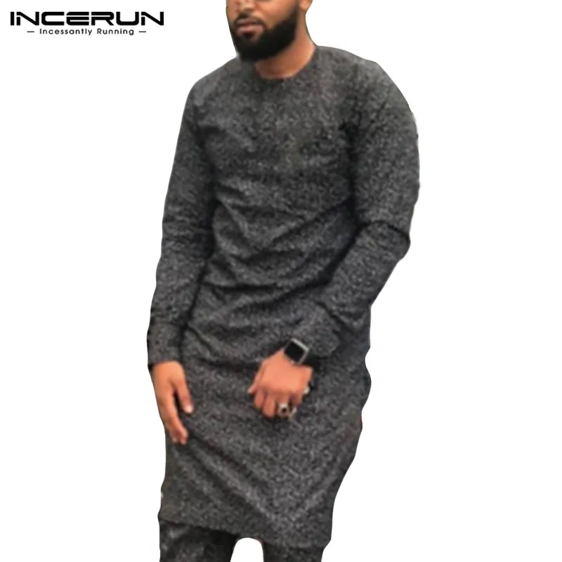 INCERUN, мужская рубашка с цветочным принтом, длинный рукав, повседневная мусульманская одежда на пуговицах, винтажные удлиненные футболки, мужской индийский костюм, S-5XL