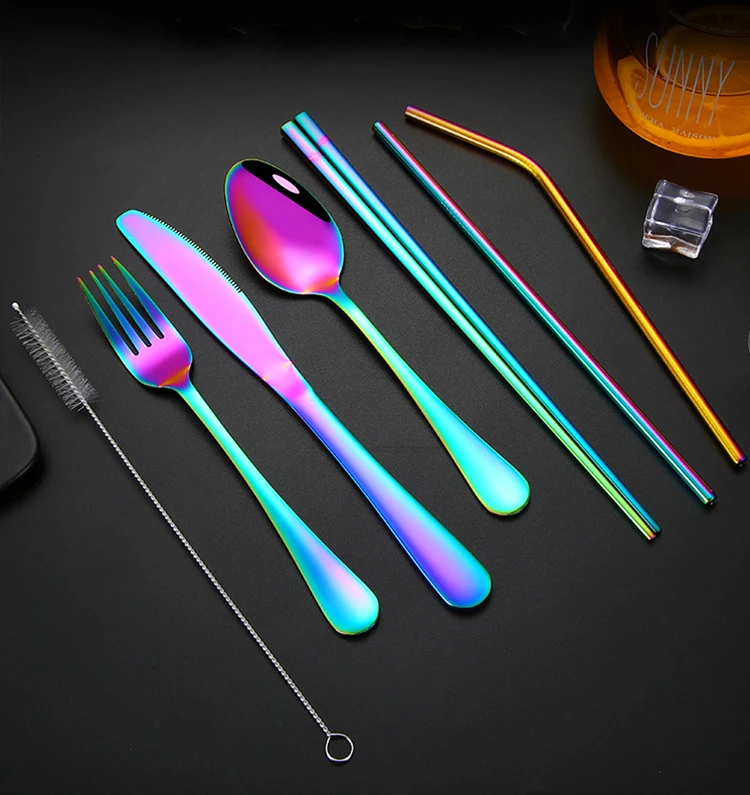 Dinnerware Set Travel Camping Cutlery Set Reusable Silverware With Metal Straw Spoon Fork Chopsticks And Portable Case