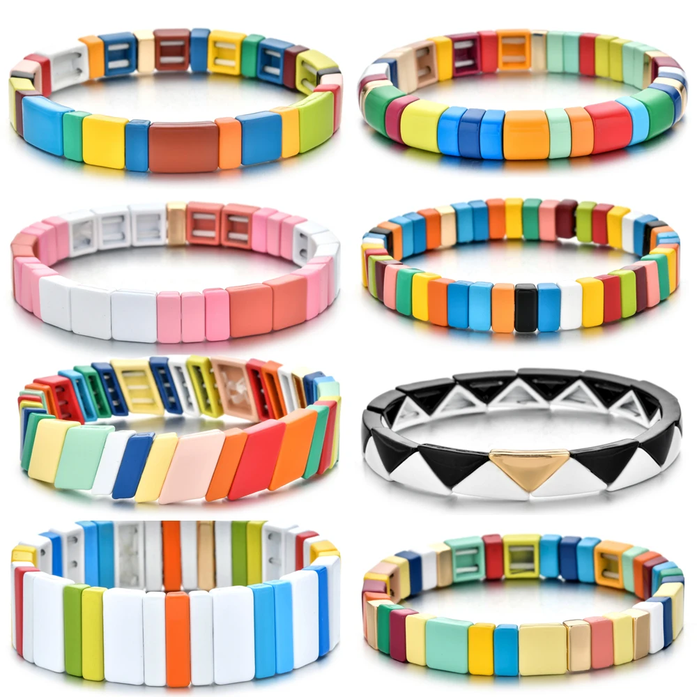 Hot Fashion Multicolor Enamel Colour Elasticity Bracelets Colorful Fashion Bangles for Men Stacking Alloy Tile Bracelet Pulsera