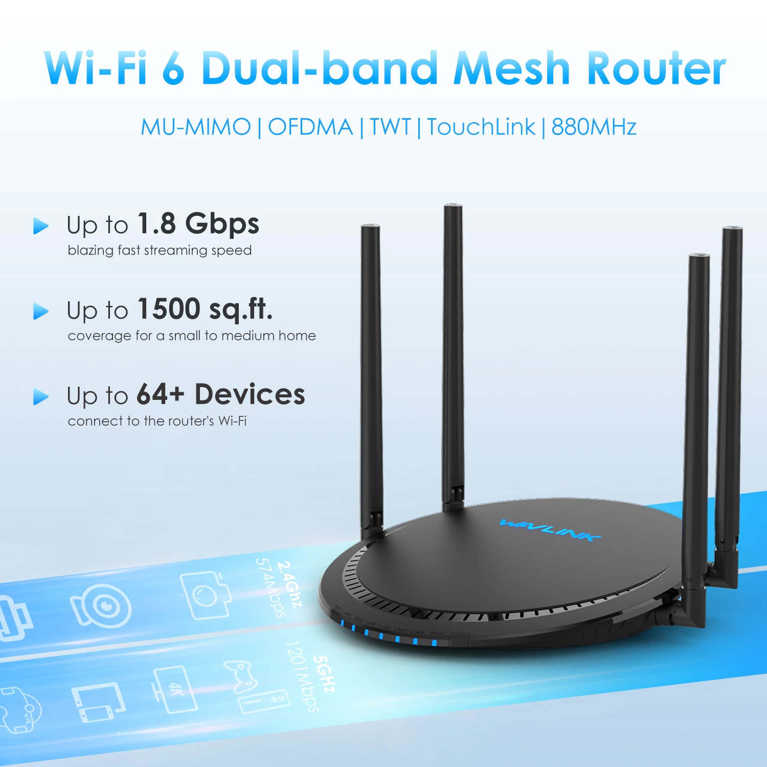 Wavlink AX1800 WiFi 6 Mesh Gigabit Wireless Internet Router-Dual Band 2.4GHz 574Mbps+5GHz1201Mbps Up to1500 Square Feet Coverage wi fi amplifier