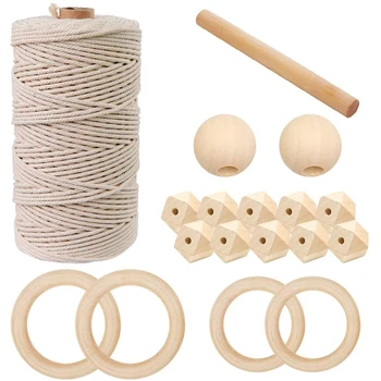 

Natural Macrame Cord Cotton Rope m with Wood Ring Wood Stick for DIY Teether Macrame Kit Wall Hanging Plant Hanger