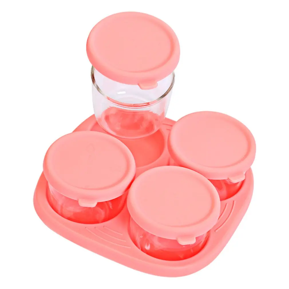 4pcs Baby Infant Silicone Borosilicate Glass Food Supplement Fresh-keeping Box Breast Milk Freezer Microwave Sealed
