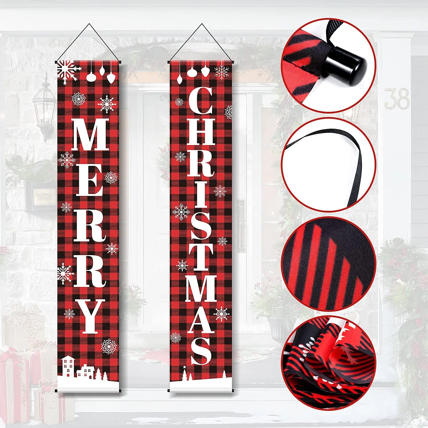 Christmas Porch Sign, Buffalo Plaid Decor Merry Christmas Door Banner Xmas Hanging Decoration for Home Yard Front Door Navidad