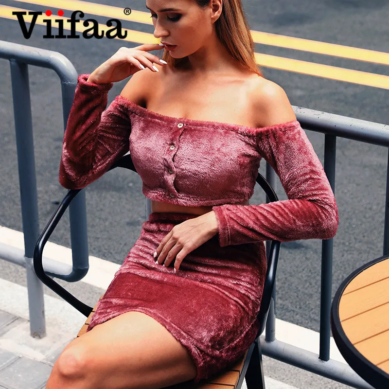 

Viifaa Velboa Matching Sets Long Sleeve Buttons Crop Top and Mini Skirt Sexy 2 Piece Set Women Off Shoulder Autumn Outfits