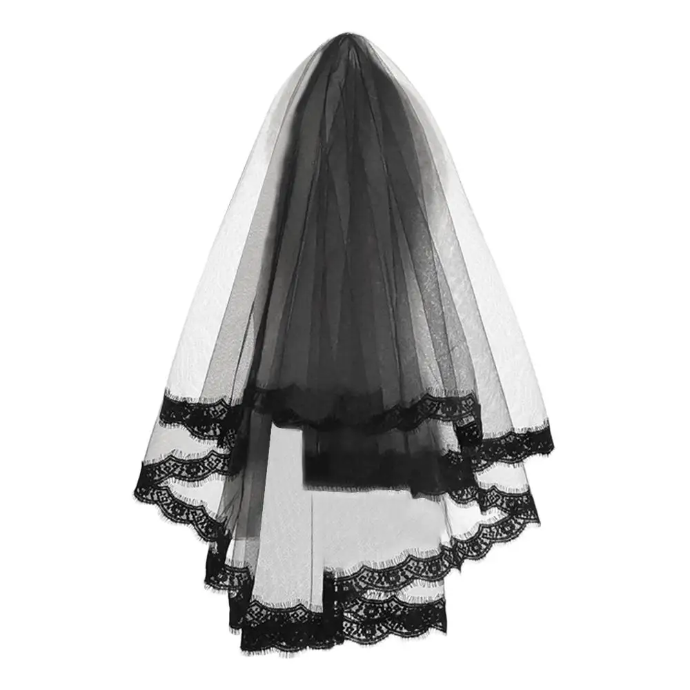 

Women Girls Halloween Crative Mantilla Short Wedding Veil Crochet Eyelash Floral Lace Patchwork Trim Cosplay Costume Photo Props