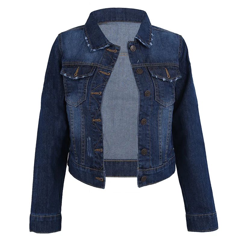 price cut Women Lapel Cropped Denim Jeans Long Sleeve Jacket Coat Short Dark Blue S