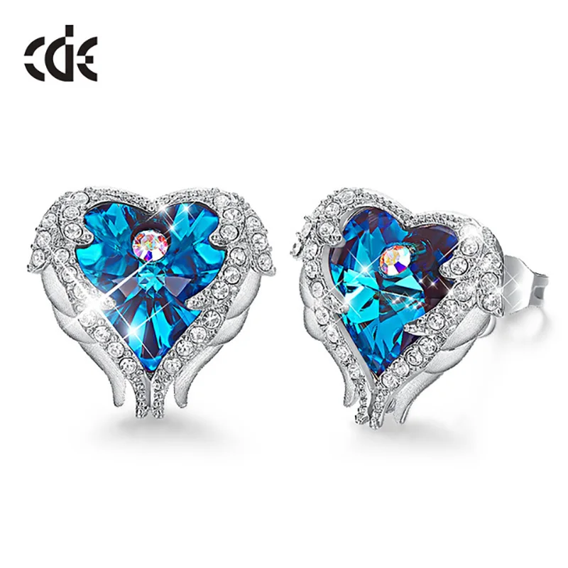 Blue CDE 925 пробы серебряные серьги, украшенные кристаллами, женские серьги в форме сердца, серьги с голубым углом, ювелирные изделия для ушей - Цвет камня: Blue