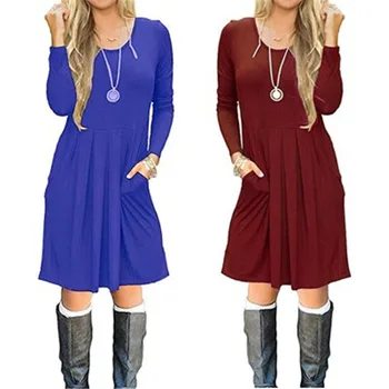

2019 Fashion Boho Elegant Women Dress O-Nack Long Sleeve Sexy Pullover Wild Dresses Fall Winter Solid Pocket Midi Dress Vestidos