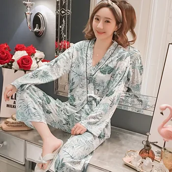 

2020 Spring Cotton Pajama Sets for Women Long Sleeve Pyjama Print Kimono Sleepwear Homewear Pijama Mujer Loungewear Home Clothes
