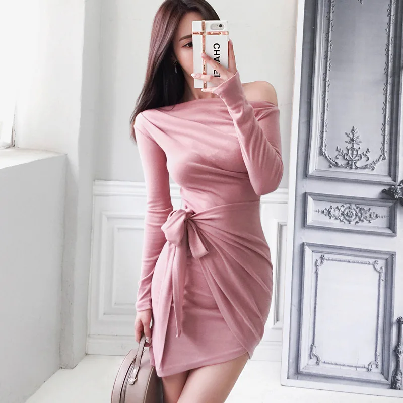 

WOMEN'S Dress 2019 Autumn Clothing New Style Korean-style Elegant Sloping Shoulder Knitted Bow Irregular Dress Women's