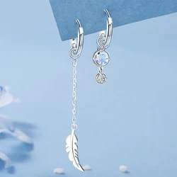 Elegant 925 Sterling Silver Asymmetric Feather and Moonstone Earrings (Silver)