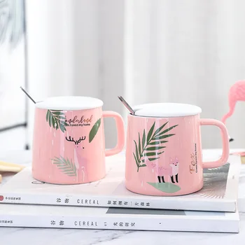 

Cute Pink Fox Ceramic Cup Creative Ins Coffee Mug with Lid Scoop 400ml Large Capacity Breakfast Milk TeaCup Juice Drinking Mugs