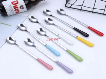 

Ceramic handle stainless steel long ice spoon creative candy color mixing spoon