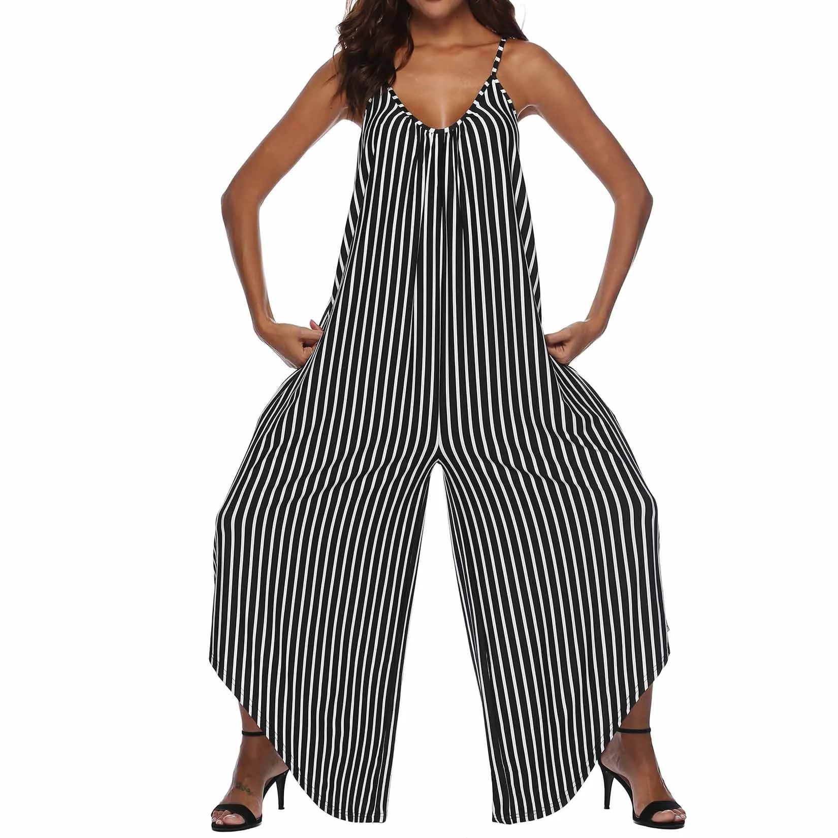 

Fashion Nice Summer Women Striped Rompers Casual Spaghetti Strap Wide Leg Jumpsuit Loose Sleeveless Beach Backless Overalls