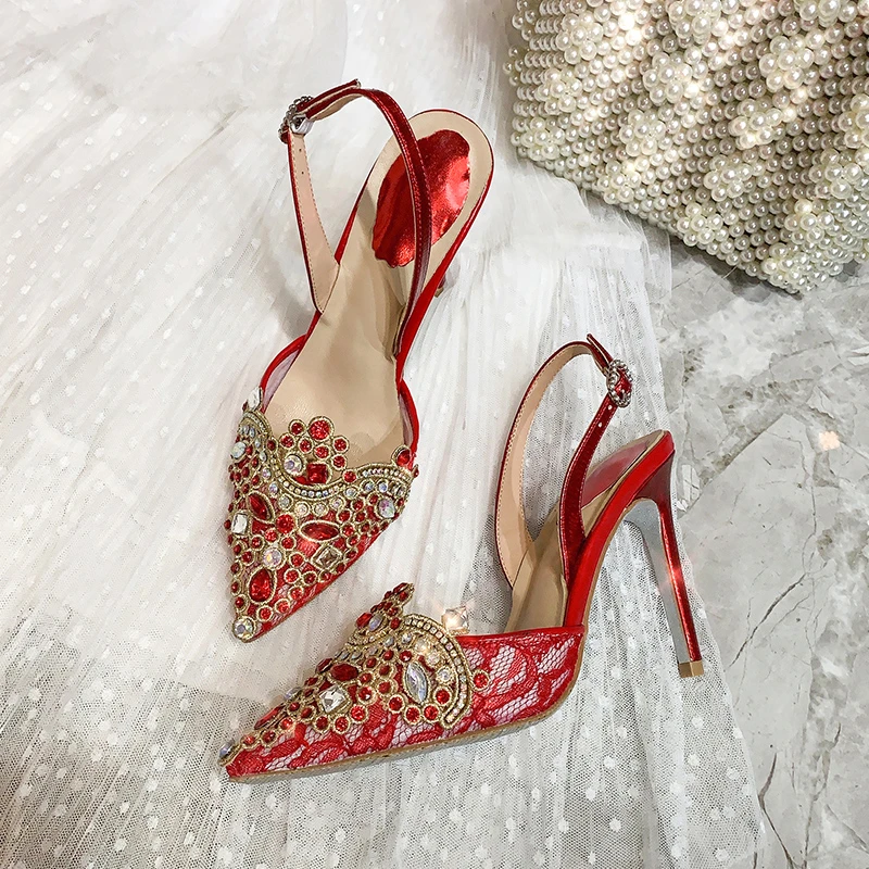 Zapatos elegantes para mujer, calzado tacón alto de 10cm de cristal, de encaje, Sexy, para fiesta, boda, color rojo y dorado|Zapatos de tacón mujer| - AliExpress
