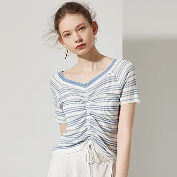 

Sexy V-neck Stripes Sweater Short Sleeve T-shirt Top Hem Drawstring Slim Fit Women Top Clothing Stretch black T-shirt Tops