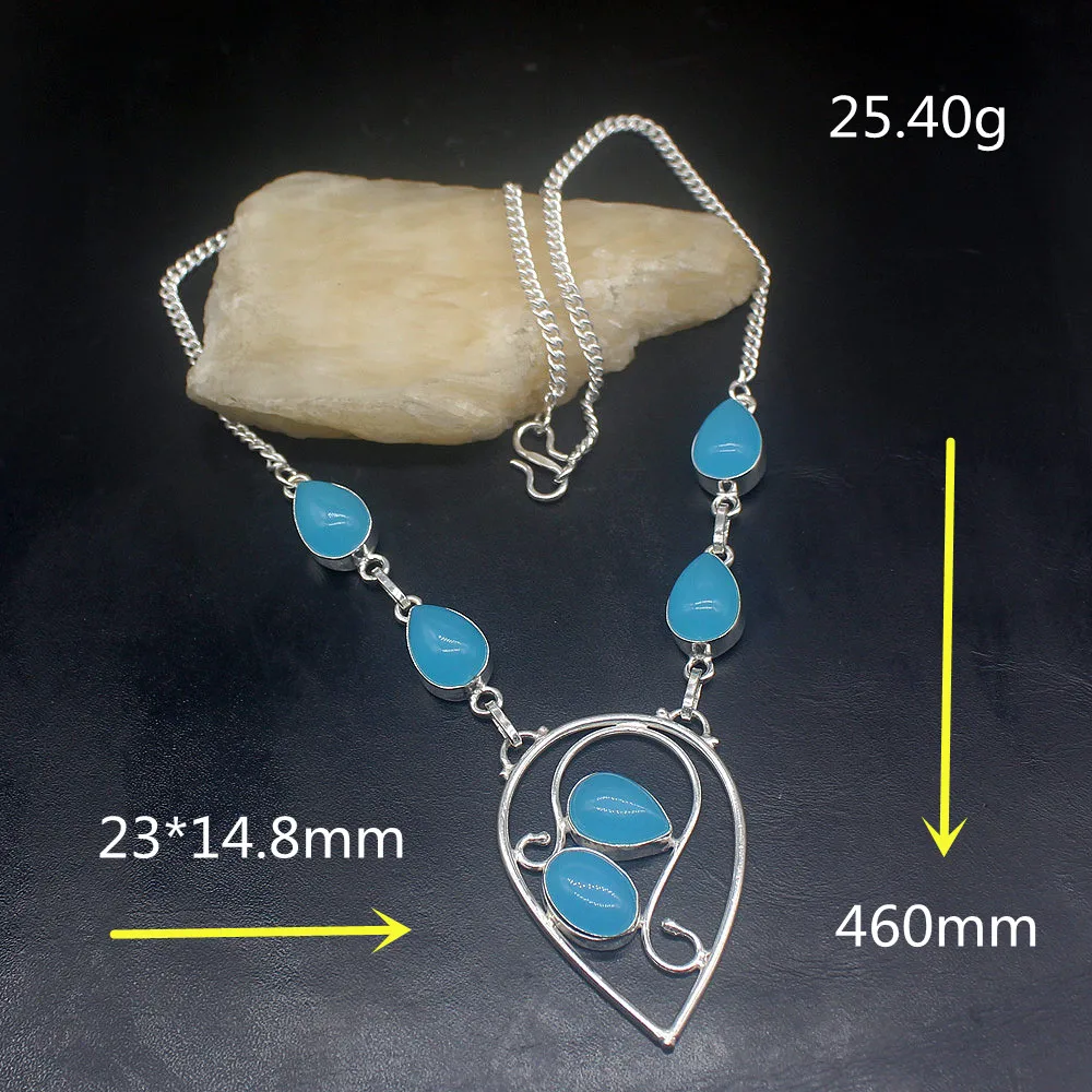 Gemstonefactory Jewelry Big Promotion 925 Silver Elegant New Arrival Blue Agate Prom Women Chain Necklace 46cm 202101374