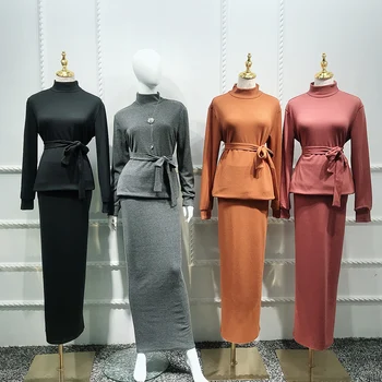 

Long Two Piece Knit Set Women Abaya Dubai Muslim 2 Piece Knitted Tops Skirts Suits For Womens Conjunto Feminino Ensemble Femme
