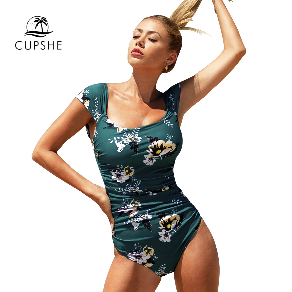 CUPSHE зеленый гофрированный цветочный Цельный купальник, сексуальный с открытой спиной мягкий женский Монокини, пляжные купальные костюмы для девочек, купальник