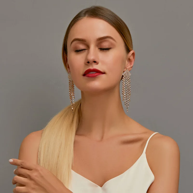 Elegant Long Geometric Earrings Women's Atmospheric Rhombus Tassel Ear Stud Banquet All-match Dress Accessories | Украшения и