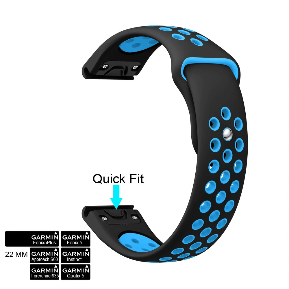 Black Blue 22 мм силиконовый ремешок для Garmin Fenix 5/5 Plus/Approach S60/Quatix 5/Forerunner 935 ремешок для часов простой и быстрый установка подходит для наручных часов - Цвет ремешка: Black Blue