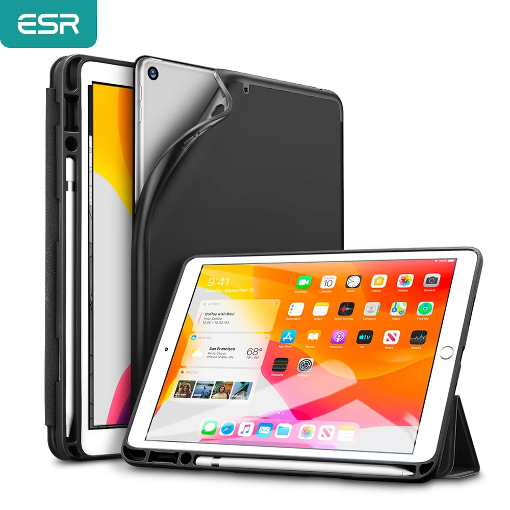 

ESR Case for iPad 7 10.2 2019 with Pencil Holder Cover Ultra Slim Soft TPU Back Trifold Smart Case for iPad 7th with Pencil Slot